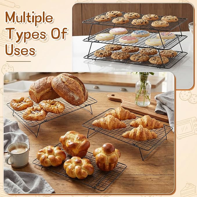 3-Tier Stackable Cooling Rack, 16.5 x 12 Inch Wire Racks, Detachable Cooling Racks with Legs, Carbon Steel Baking Rack, for Baking Cooking Grilling, Oven Safe