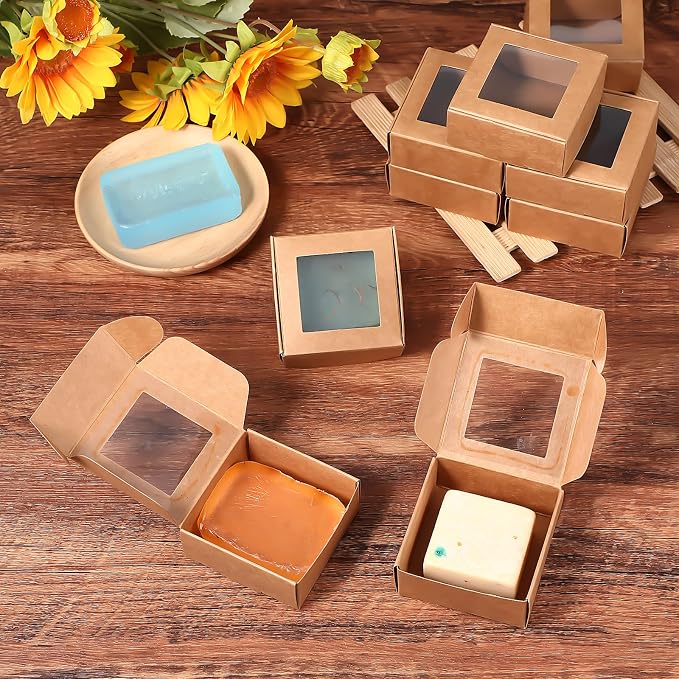 MAQUITA 100 Pcs Soap Packaging Boxes with Window Mini Kraft Paper Boxes Bulk Treat Favor Boxes Rectangle Gift Soap Boxes for Homemade Soap Making Cookies Candy Prese