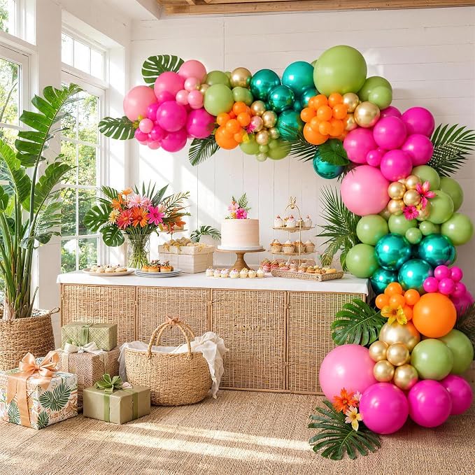 Tropical Luau Balloon Arch Garland Kit, Hot Light Pink Olive Green Orange Teal Metallic Gold Green Summer Hawaiian Balloons for Kids Summer Beach Aloha Pool Birthday Baby Shower Party Decorations