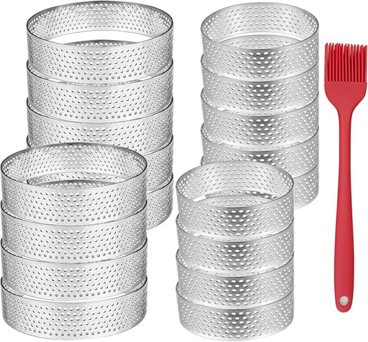 20 Pack Tart Rings 3.15 + 2 Inch Perforated Tart Rings Stainless Steel, Nonstick Round Tart Ring Mousse Cake Ring Metal Round Cake Ring for Baking Small Fruit Tartet Crust
