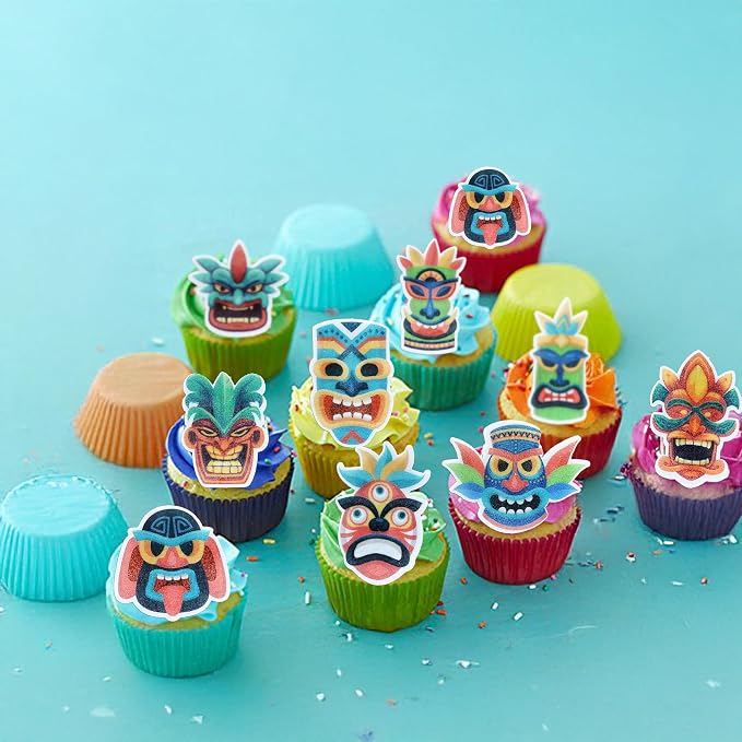 Ephlyn 54Pcs Edible Tiki Tribal Masks Cupcake Toppers Wafer Paper Hawaiian Tropical Tiki Totem Cupcake Picks Summer Aloha Birthday Cupcake Decorations Party Supplies Multicolor