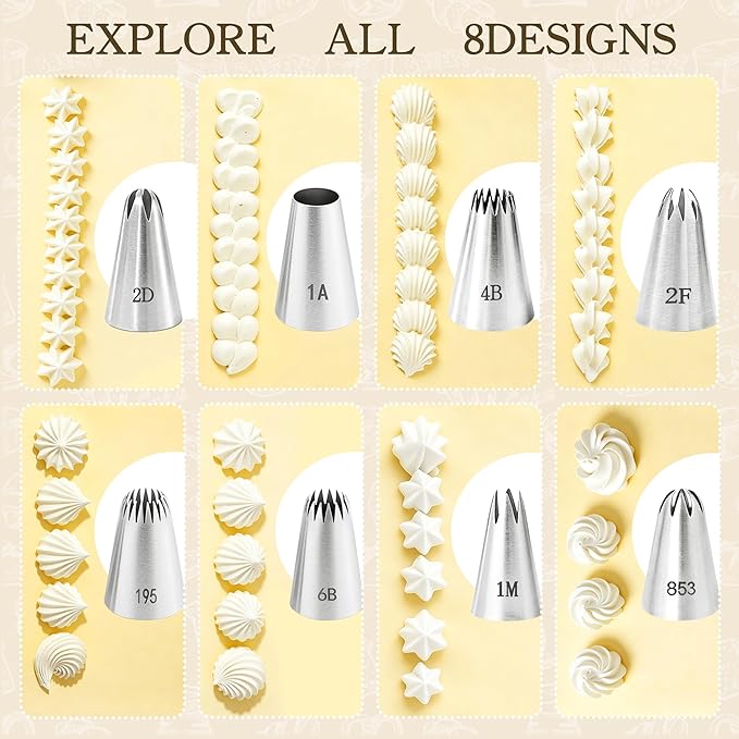8Pcs Large Piping Tips Set, 304 Stainless Steel Cake Piping Tips, Pastry Frosting Icing Tips for Decorating Cookies, Cupcakes & Birthday Cake, Dishwasher Safe