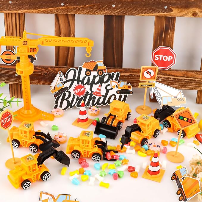 21PCS Construction Cake Toppers Truck Cake Decoration Set Excavator Tractor Tower Crane Cupcake Topper Traffic and Road Sign for Construction Happy Birthday Party Supplies