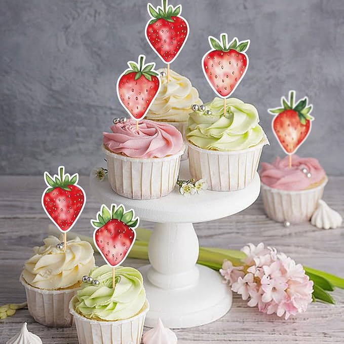 25pcs Watercolor Printed Strawberry Cupcake Toppers Red Strawberries Cupcake Picks for Strawberry Baby Shower Kids Boys Girls Berry Birthday Sweet Fruit Party Cake Decorations