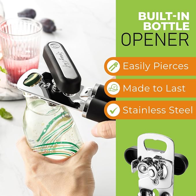 Spring Chef Stainless Steel Magnetic Measuring Cups & Spoons, Set of 15 with Leveler & Heavy Duty Can Opener with Magnetic Lid Remover - 2 Product Bundle - Black