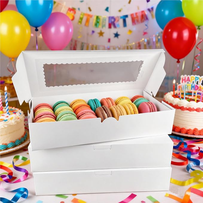 MUMULULU White Bakery Boxes with Window Cookie Boxes Treat Boxes for Desserts Cupcakes Muffins Donut Chocolate Strawberry (7PCS 12×5.5×2.5)