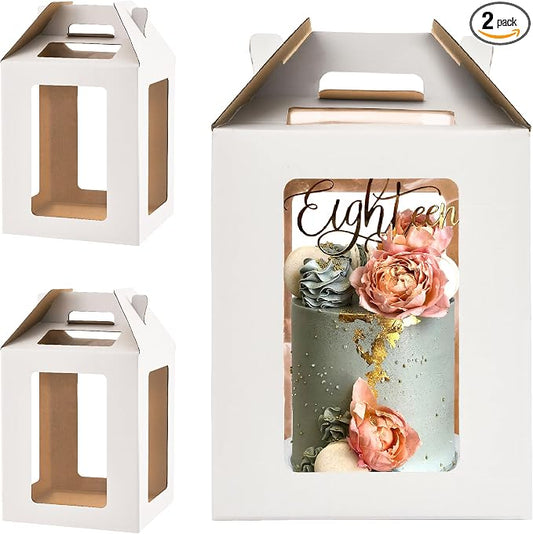 2 Pack Tall Cake Boxes for Tier Cakes,10x10x12 Inch Large Cake Box with windows,8in 10in White Bakery Box Disposable Layer Tall Cake Baking with Handle