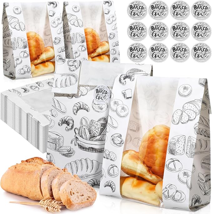 MotiMind 100 Packs Paper Bread Bags for Homemade Bread Sourdough 14 x 8.3 x 3.5 Inches Kraft Paper Bakery Bag with Window Label Seal Sticker for Baked Food Packaging Storage(White)