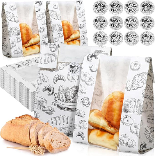 MotiMind 100 Packs Paper Bread Bags for Homemade Bread Sourdough 14 x 8.3 x 3.5 Inches Kraft Paper Bakery Bag with Window Label Seal Sticker for Baked Food Packaging Storage(White)