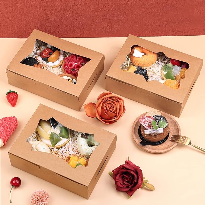 TOMNK 24pcs 8x6x2.5 Inches Cookie Boxes, Bakery Boxes with 3 Style Window, Treat Boxes, Pastry Pie Boxes for Chocolate Strawberries, Donuts, Cupcakes, Muffins and Dessert