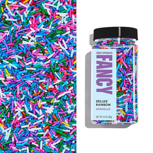 Fancy Sprinkles Deluxe Rainbow Crunchy Jimmies | Pastel Rainbow Sprinkles for Cake, Cupcake & Cookie Decorating | Funfetti & Ice Cream Topping | Baby Shower & Birthday | 1 Pack (0.5c)