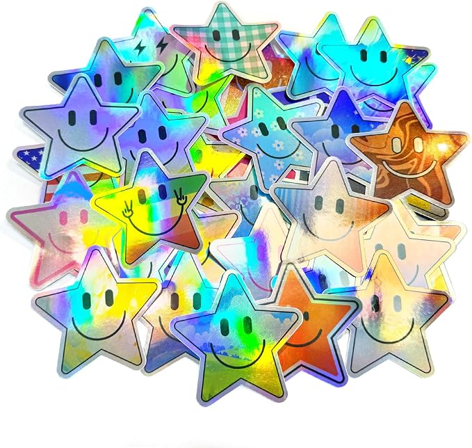 50PCS Smiling Holographic Star Stickers, Cute Water Bottle Stickers for Kids, for Teaching Rewards, Notebooks, Stationery, Luggage, Cartoon PVC Happy Holographic Stickers