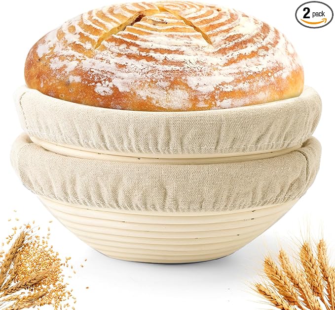 Bread Proofing Baskets Set of 2 10 inch Round Dough Proofing Bowls W/Liners Perfect for Home Sourdough Bakers Baking (10Inch, Round)
