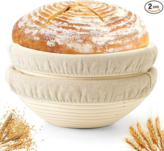 Bread Proofing Baskets Set of 2 10 inch Round Dough Proofing Bowls W/Liners Perfect for Home Sourdough Bakers Baking (10Inch, Round)