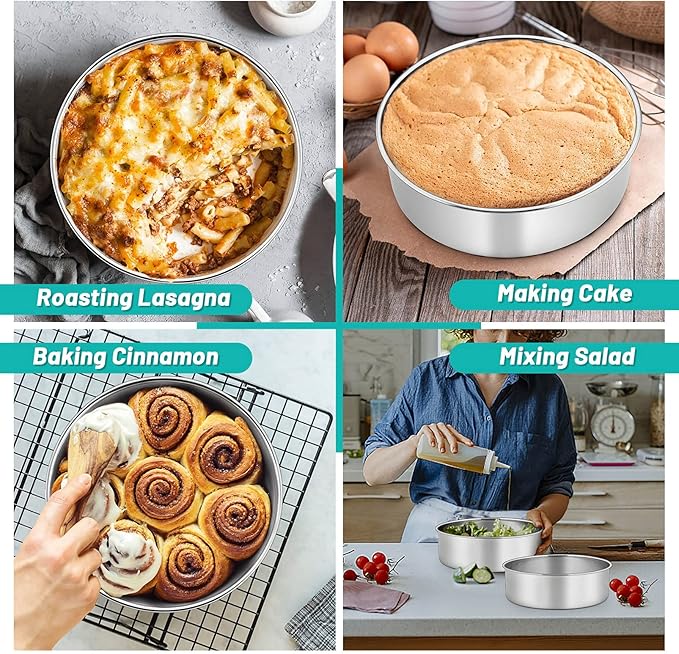 TeamFar Cake Pans, 2 PCS Stainless Steel Round 8 x 3 Inch Deep Baking Cake Pans for Wedding Birthday Party, Non-Toxic & Heavy Duty, Deep Wall & Straight Side, Dishwasher Safe