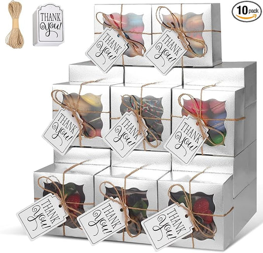 KPOSIYA 10 Pcs Silver Bakery Boxes with Window Individual Cupcake Boxes 4x4x2.5 Inches Cookie Box Kraft Paper Silver Gift Box for Pastries, Cookies, Pie, Donuts, Macaroon