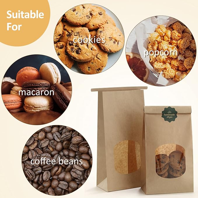 BagDream Bakery Bags with Window 50Pcs 4.5x2.36x9.6 Inches Kraft Brown Paper Bags with Window, Tin Tie Tab Lock, for Bakery, Cookie, Coffee Bean, Party Favor, Snack