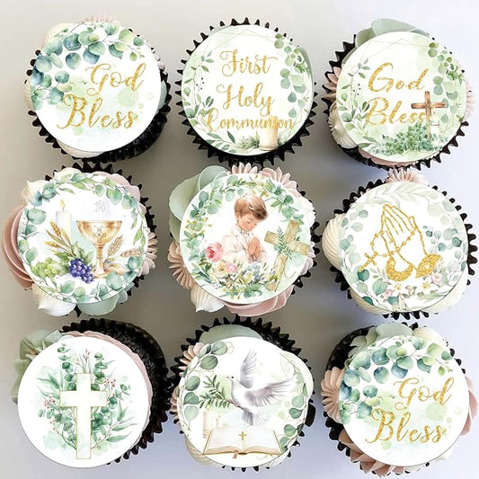 64 PCS Edible God Bless Cupcake Toppers Greenery Leaves Baptism Dove Cross Cupcake Picks Edible First Holy Communion Cake Decorations for God Bless Theme Baby Shower Boys Birthday Party Supplies