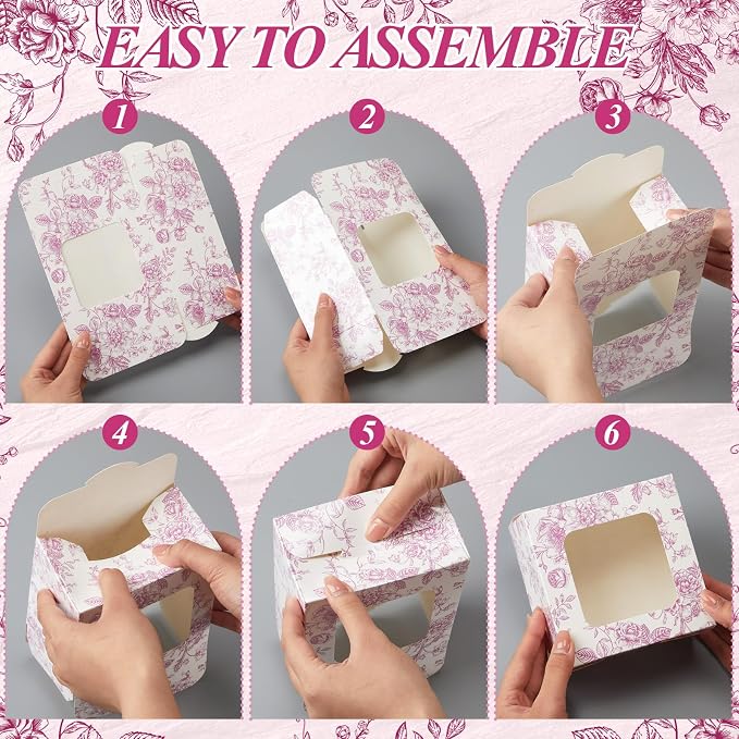 50 Pack Pink Floral Cookie Boxes with Window, Chinoiserie Small Bakery Treat Boxes for Pastry Donuts Macaroon Cupcakes, Wedding Bridal Shower Birthday Tea Party Baby Shower Favors