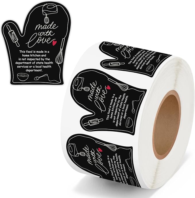 PANTIDE 500 Count Made with Love Cottage Food Law Labels Stickers (Black) | Adhesive Oven Mitt Shaped Decal Roll, Made in A Home Kitchen, Inspection Statement Thermal Printed, for Baked Food Packaging