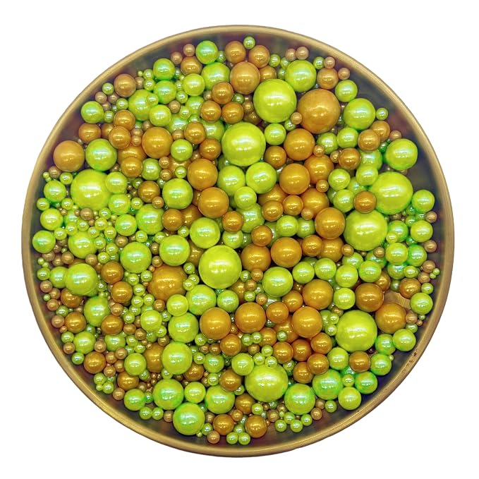 Dynastang Mixed Size Light Green & Gold Pearls Sprinkles Edible Pearls Cake Decorations Cupcake Toppers Decorating Perfect for Cakes, Cupcakes, Desserts 3OZ