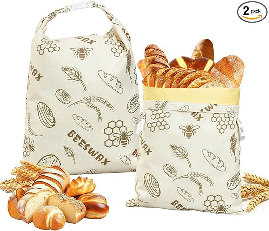 Reusable Lorine Beeswax Bread Bags For Homemade Bread & Sourdough Bread - 2 Packs 17x12 inch Organic Cotton Linen Bread Bag, Eco-Friendly Freshness Lock with Secure Buckle & Roll-Top Handle
