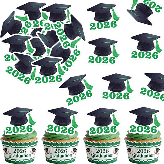 42pcs Edible Graduation Cap Cupcake Toppers Wafer Paper Green Class of 2026 Cake Decorations Edible Grad Cap Cupcake Picks for 2026 Graduation Theme Party Cake Decor Supplies