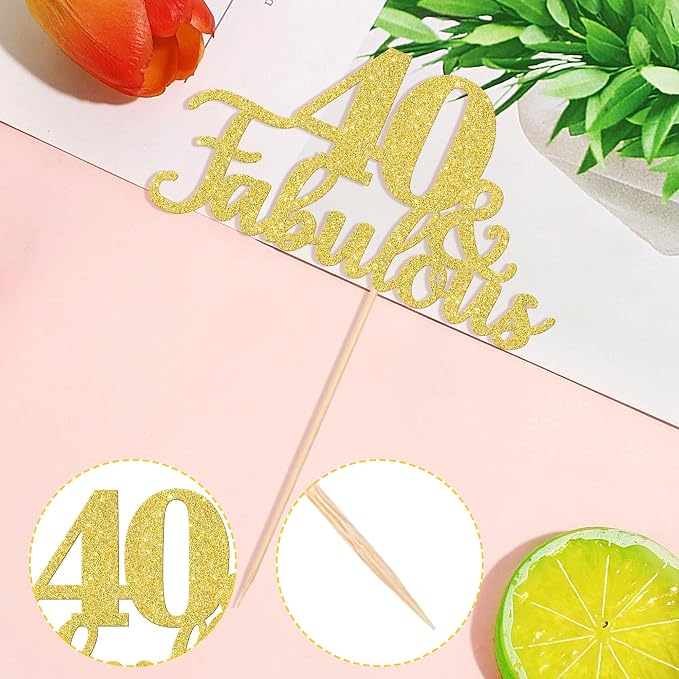 1 PCS Fabulous Cake Topper Gold Glitter 40th Birthday Cake Pick Decoration for Wedding Anniversary Party Decorations Happy 40th Birthday Cake Decorations Supplies