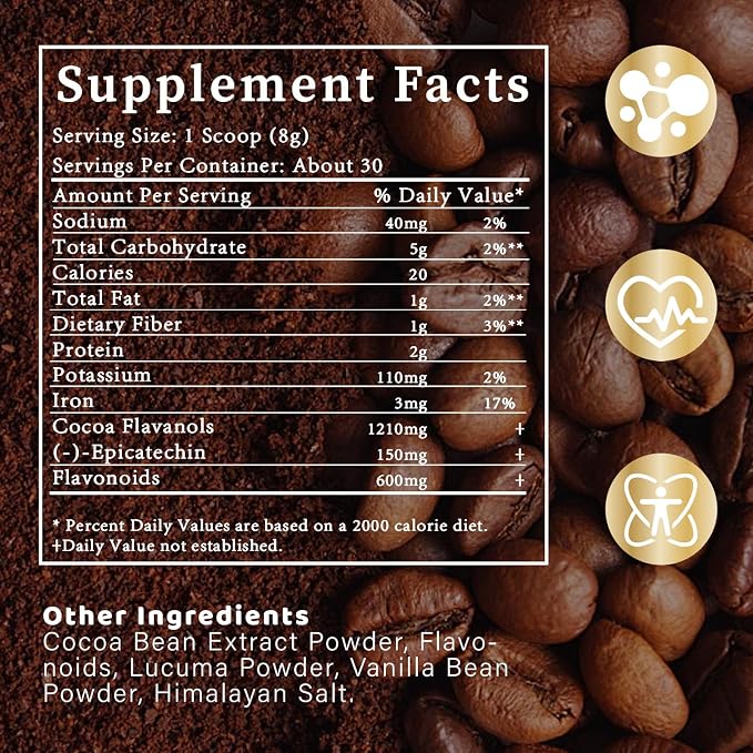 High Flavanol Cocoa Powder | 10x Concentrated Dark Cocoa Extract, Natural Flavonoids & Epicatechin, Plant-Based Superfood, Non-GMO, Vegan Friendly
