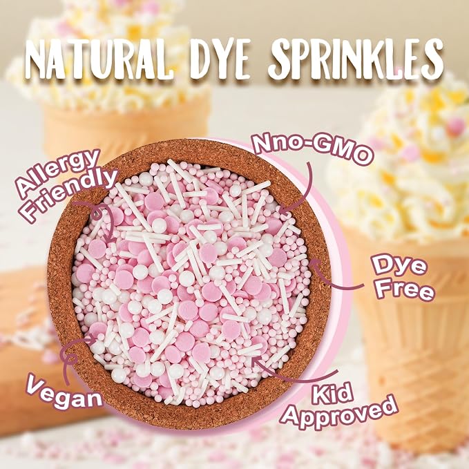 Dye Free Pink and White Sprinkles - 4.2 oz No Artificial Dyes Confetti Nonpareils Pearls Jimmies Mix for Cake Decorating, Cupcake Topper & Baking - Natural Color Pink White Sprinkle for Baby Shower Birthday