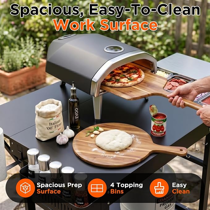 Pizza Oven Table for Ooni Pizza Ovens, Grill Cart Table with Topping Station, Large Countertop Pizza Oven Stand, Foldable Outdoor Cooking Stand with Propane Storage
