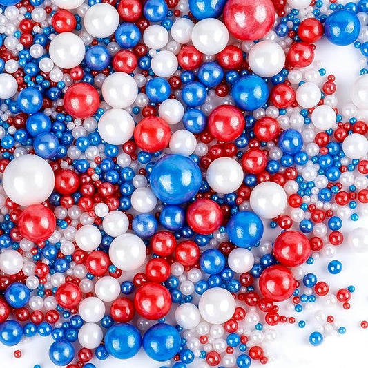 Red White and Blue Sprinkles for Cake Decorating, 130g/4.6oz Patriotic Edible Pearl Sprinkles Mix, Sugar Candy Pearls for Baking, Cookie Decorations and Cupcake Toppings, 4th of July Party Supplies