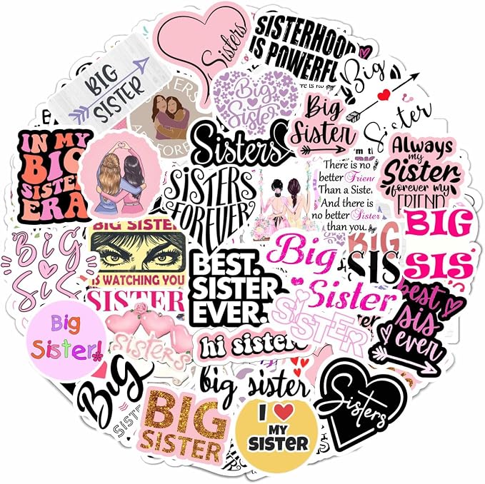 100Pcs Big Sister Stickers for Water Bottle and Laptop - Big Sister Party Supplies & Decorations, Waterproof Vinyl Decals, Sibling and Family Stickers, Gifts for Women & Men