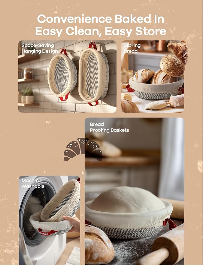 Ganiza Sourdough Starter Kit, Cotton Rope Sourdough Bread Baking Supplies, 9'' Round & 10'' Oval Banneton Basket with Liners & Covers, Sourdough Proofing Basket Kit Gifts for Bakers Women Wife Mom | 9'' Round & 10'' Oval Banneton Basket with Liners & C...