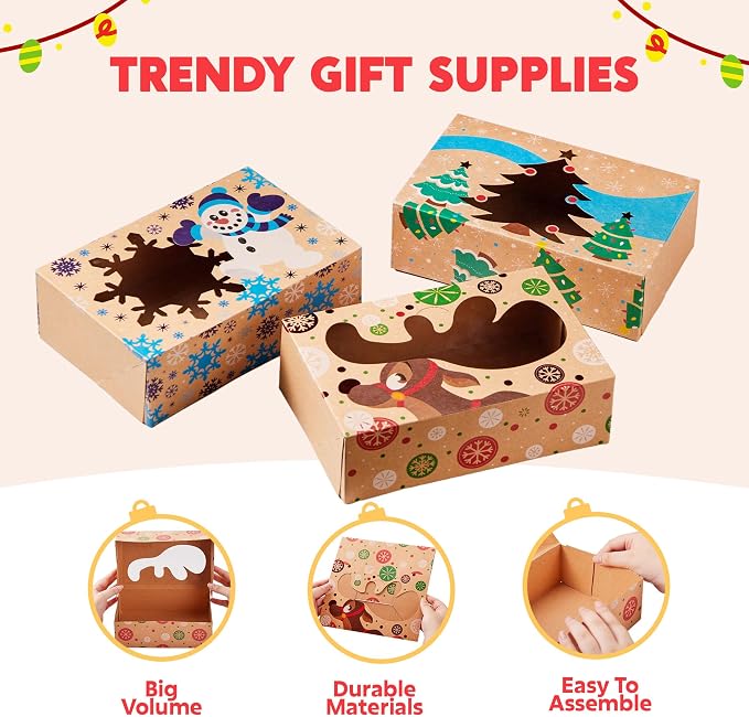JOYIN 36PCS Christmas Cookie Boxes for Gift Giving, 8.5" x 5.75" x 2.75" Xmas Holiday Treat Cookie Tin with Window, 3 Designs Brown Foiled Kraft Bakery Boxes for Pastries, Cupcakes, Brownies, Doughnut