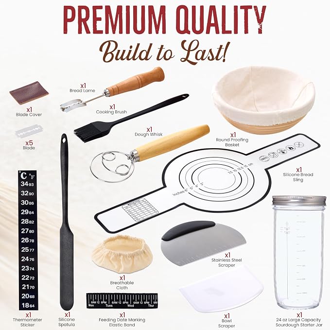 Sourdough Starter Kit with 9" Banneton Basket, 14 Piece Breads Making Set, 24oz Glass Jar, Dough Whisk, Bread Lame with Blades, Silicone Sling & Recipe Book, Complete Sourdough Bread Baking Supplies
