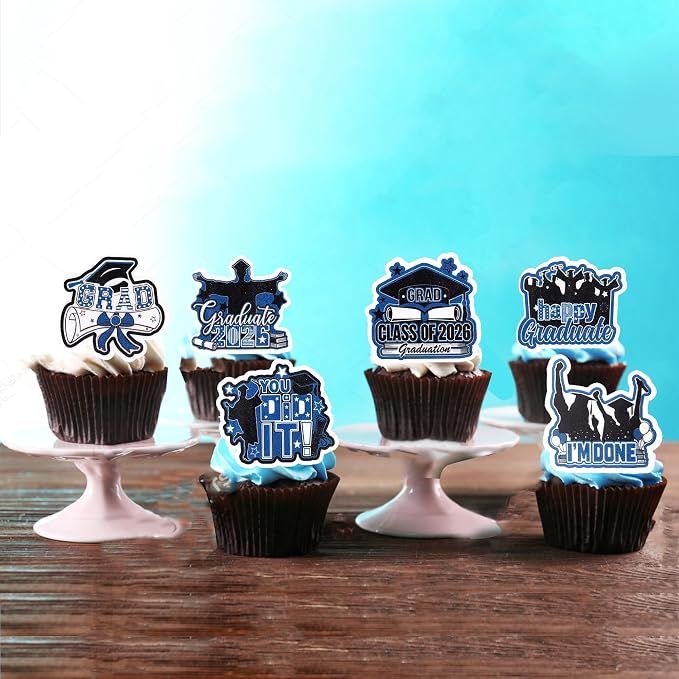 60 PCS Edible 2026 Graduation Cupcake Toppers Class of 2026 Party Cake Decorations Edible Diploma Congrats Grad Cap Cupcake Picks for 2026 Graduation Theme Party Cake Decorations Supplies Black Blue
