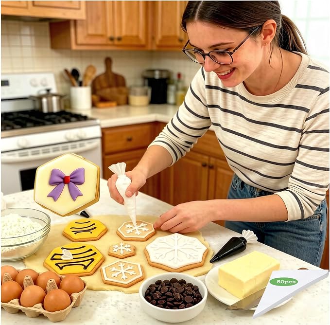 5pcs Hexagon Cookie Cutter Set, with 50pcs Thick Piping Bags Stainless Steel Soccer Ball Cookie Cutter Football Cake Decorations | Geometric Biscuit Sandwiches Fruit Cutter for Birthday Cake Cupcake