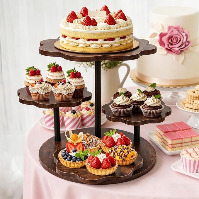 4 Tier Cupcake Stand, Rotatable Cupcake Tower for 50 Cupcakes, Wooden Cake Stand with Tiered Trays, Dessert Table Display Set Serving Tray for Party Birthday Wedding