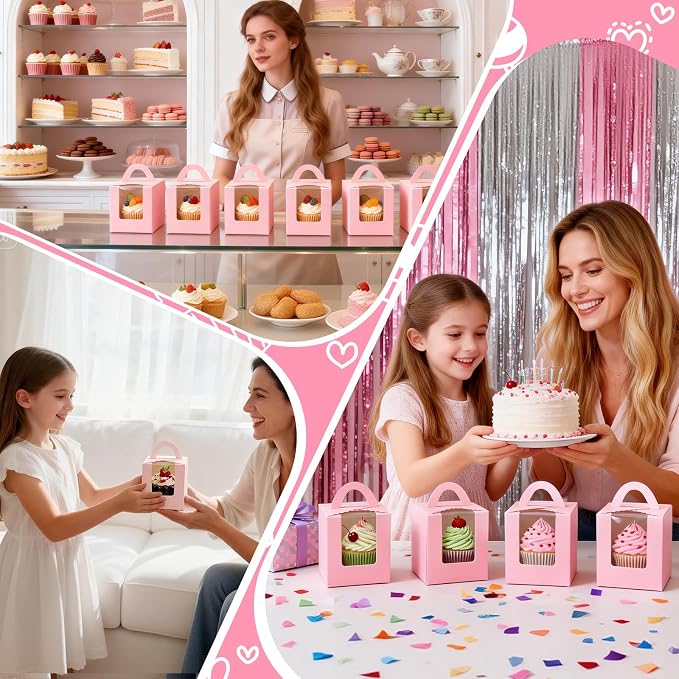 100 Pack Pink Cupcake Boxes Individual with Window, Inserts and Handle, Single Cupcake Containers for Cupcakes, Muffins, Donuts, Cookies, 3.6 x 3.6 x 4.3 Inch