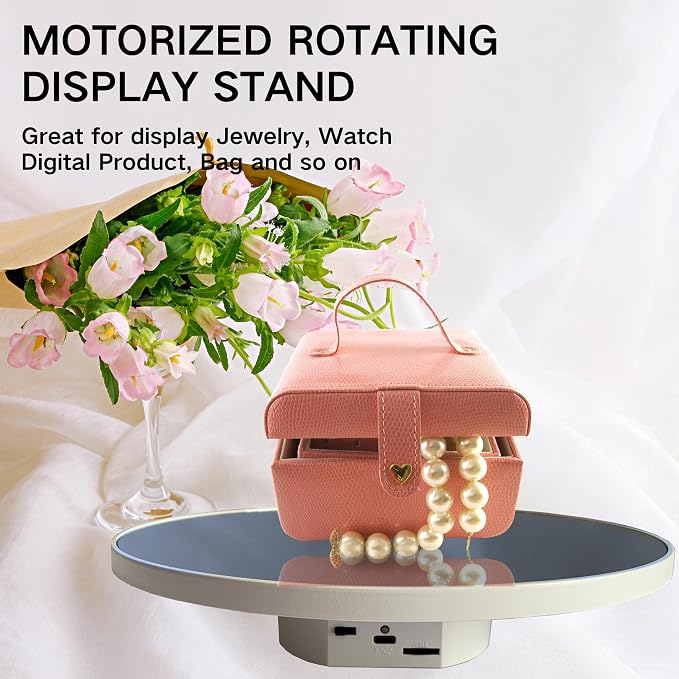 JAYEGT Motorized Rotating Display Stand, 10inch /11Lbs Load ,Mirror Cover ，360 Degree Electric Rotating Turntable ,Cup Display Turner Stand,Photography Products, Jewelry ,Tumbler -White