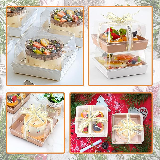 50 Pack 7 x 7 x 4 Inches Clear Cake Boxes for 6 Inch Cake, Paper Charcuterie Boxes with Clear Lids, Disposable Bakery Food Containers Large Dessert, Cupcakes,Pie,Cookies, Cocoa Bomb (White&Brown)