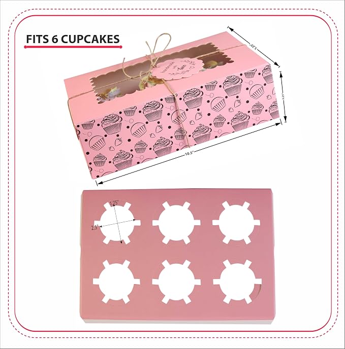 Cupcake Boxes with Insert trays (Pack of 20), Pink Cupcake Carrier, Food Grade Bakery Boxes with Windows and Inserts to Fit 6 Cupcakes Muffins or Pastries