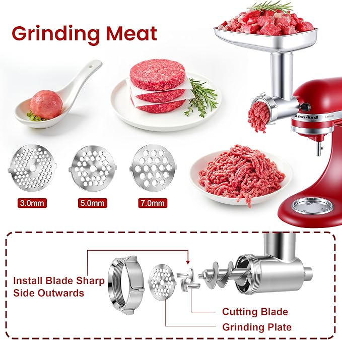 KINGEAGLE Stainless Steel Food Grinder Attachment for KitchenAid Stand Mixer, Durable Meat Grinder, Includes 3 Grinding Plates, 3 Sausage Stuffer Tubes, 2 Grinding Blades, Dishwasher Safe