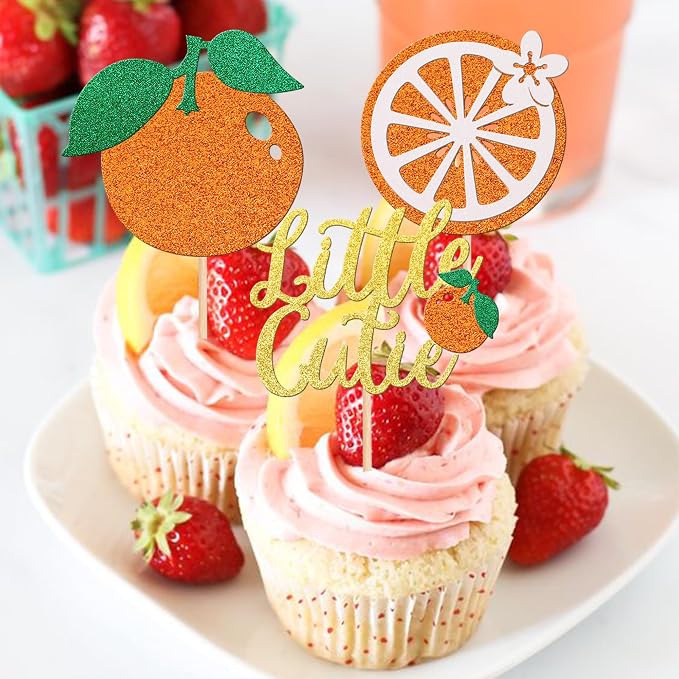 30 PCS Little Cutie Cupcake Toppers Glitter Fruit Orange Cupcake Picks for Citrus Theme Baby Shower Kids Boys Girls Birthday Party Cake Decorations Supplies Gold