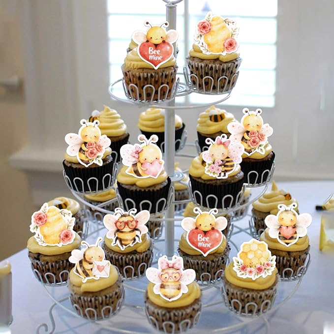 60 PCS Edible Bumble Bee Cupcake Toppers Wafer Paper Love Heart Flower Oh Babee Cupcake Picks Edible Honey Bee Cupcake Decorations for Baby Shower Kids Birthday Party Cake Decorations Supplies