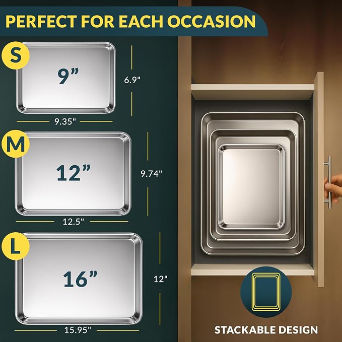 Baker’s Signature Stainless Steel Cookie Sheet Pan, Stainless Steel Baking Sheet Set of 3, Mirror Finish, Non-Stick, Rust Resistant, BPA Free, Dishwasher Safe, 9/12/16 Inch