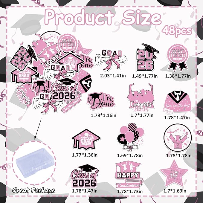 48pcs Edible 2026 Graduation Cupcake Toppers Wafer Paper Pink Class of 2026 Cake Decorations Edible Congrats Grad Cupcake Picks for 2026 Graduation Theme Party Cake Supplies