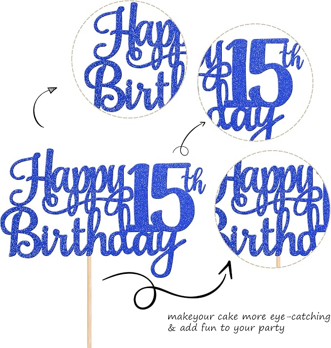 1 PCS Happy 15th Birthday Cake Topper Glitter Cheers to 15 Years Birthday Cake Pick Mis Quince 15 Fabulous Cake Decoration for Happy 15th Birthday Theme Party Decorations Supplies Blue