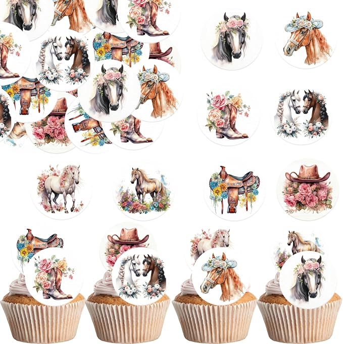 36PCS Edible Floral Horse Cupcake Toppers Wafer Paper Western Cowgirl Cupcake Toppers Edible Derby Horse Cupcake Picks for Western Derby Horse Theme Party Decoration Supplies